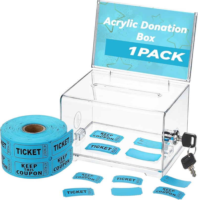 Ysglory Raffle Ticket Box Acrylic Donation Box with Lock Slot 6.3" x 4.7" x 3.9" Clear Suggestion Ballot Boxes with 500 Raffle Tickets Tips Jar for Fundraising Donation Voting Collection - Image 1